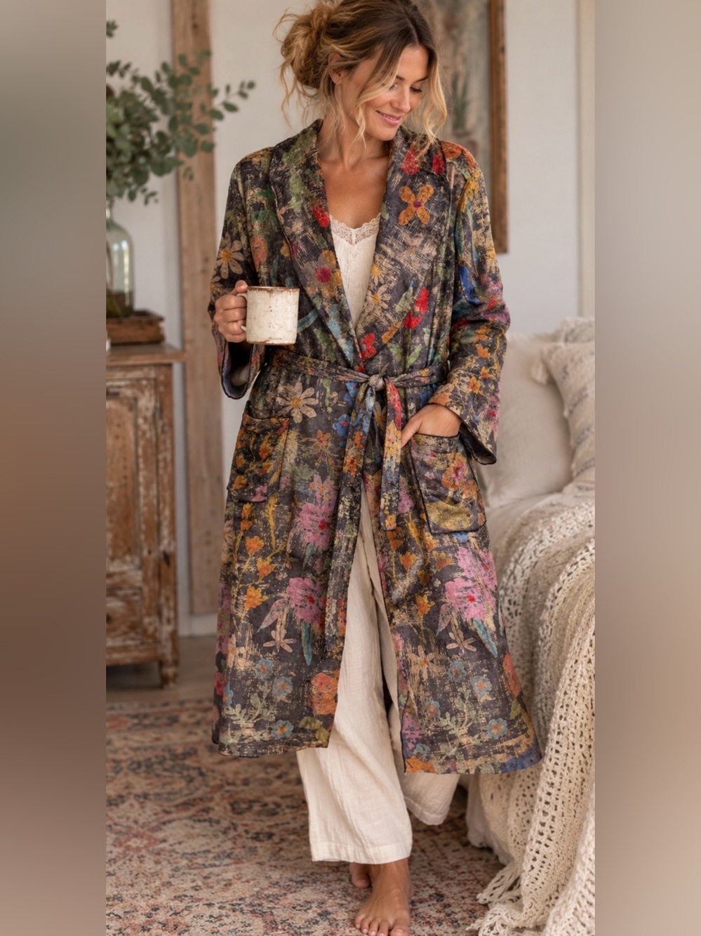 Natural Life Floral Plush Sherpa Lined Robe Belted Boho Cottagecore NWT